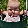 baby, child, swing, outdoor, playground, grass, metal, chain, smile, face, cheeks, sunlight, summer, clothing, pink, person, happy, infant, seat, nature