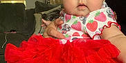 Izabella-Mae joined the competition — help win amazing prizes! baby, child, blue_eyes, bow, red_skirt, tutu, strawberry_pattern, cute, indoor, person, infant, clothing, sitting, couch, hand, face, portrait, headband, pink, adorable