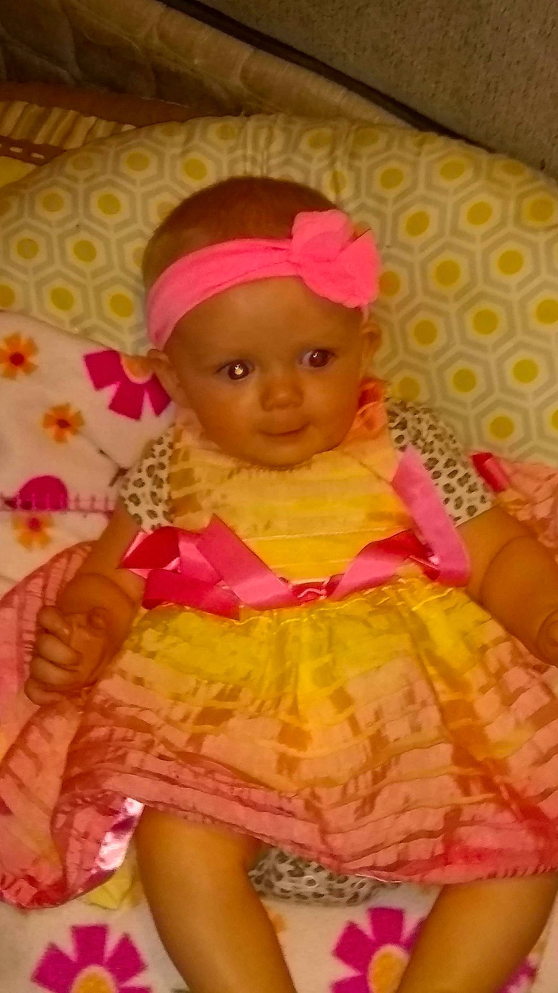 Harmony is registered to the contest to win money with this photo: baby, child, hair_accessory, headgear, magenta, peach, person, pink, textile, toddler
