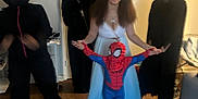 Kristopher joined the competition — help win amazing prizes! child, girl, costume, spiderman, ghostface, squid_game, indoor, floor, door, dress, mask, group, party, fun, celebration, halloween, person, young, holding_hands, wood_floor