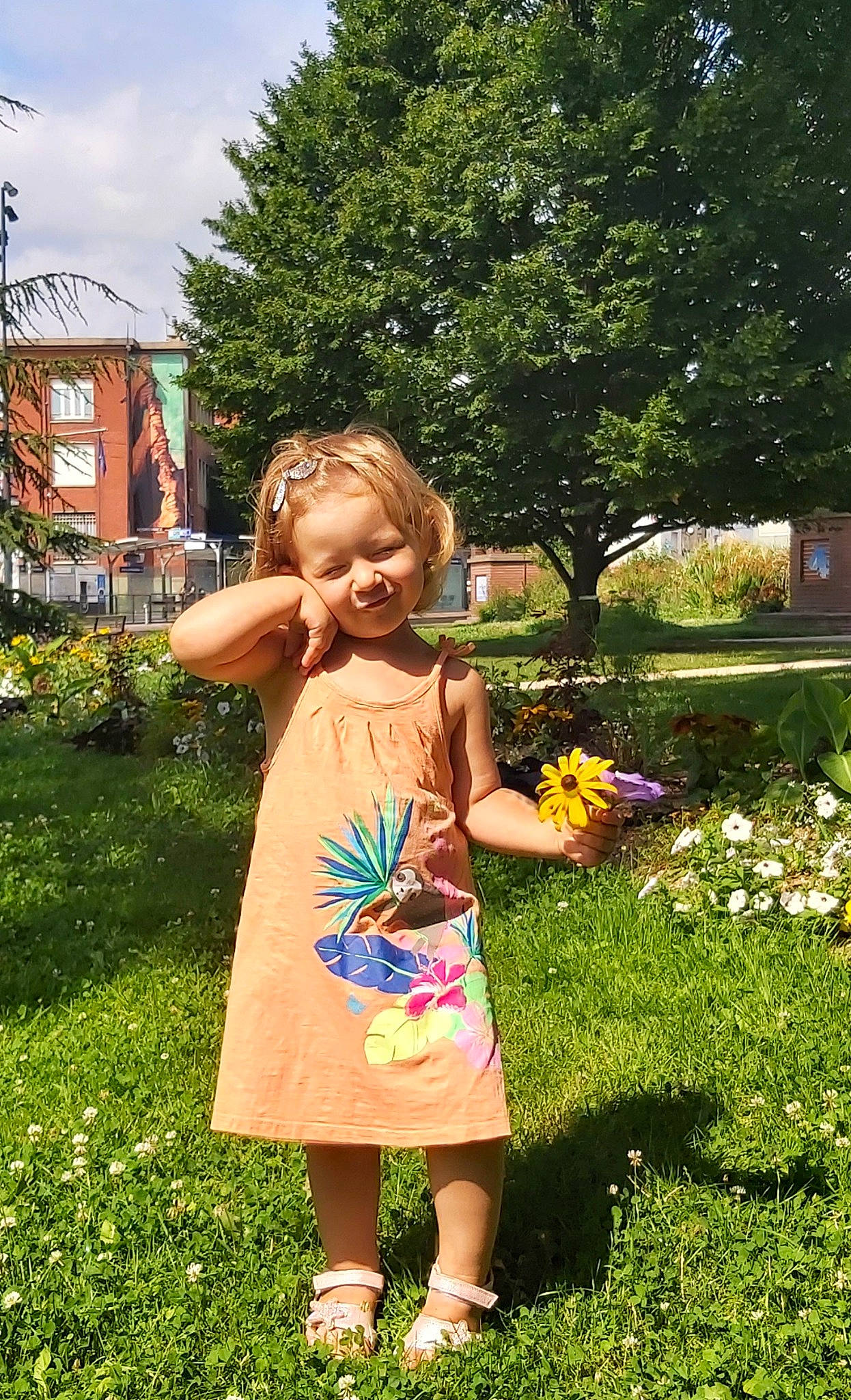 Gloria participe au concours pour gagner de l'argent avec cette photo : botany, dress, fawn, flower, grass, grass_family, happy, joy, leaf, leisure, meadow, people_in_nature, person, pink, plant, shrub, sky, summer, sunlight, toddler