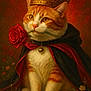 bell, cape, cat, crown, ears, feline, flower, flower_bed, gold_jewelry, grass, orange_tabby, painting, portrait, regal, rose, sitting, soft_lighting, tabby_cat, vintage_style, whiskers