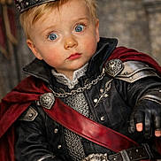 Karson joined the competition — help win amazing prizes! child, toddler, crown, costume, armor, cape, gloves, chainmail, belt, lion_emblem, portrait, blue_eyes, blonde_hair, medieval, castle, stone_wall, royalty, regal, closeup, expression