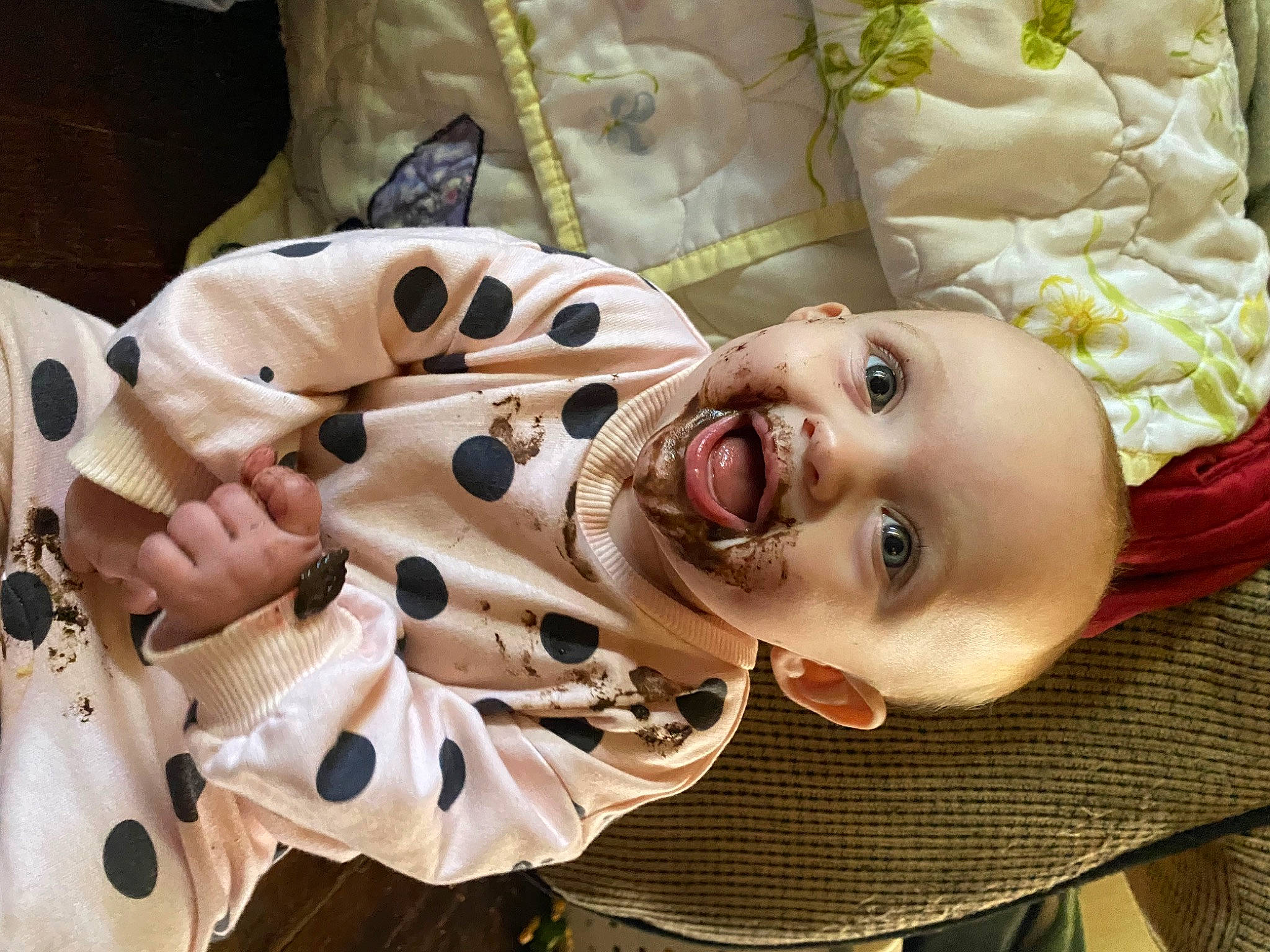 Mattie is registered to the contest to win money with this photo: baby, cheek, child, eye, fun, happy, laugh, mammal, mouth, nose, pattern, person, portrait_photography, skin, sleeve, smile, textile, toddler, vertebrate, white