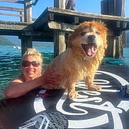 Domino a rejoint le concours — aidez-le/la à gagner de superbes lots ! animal, blue_sky, dock, dog, happy, lake, outdoor, paddleboard, person, pet, recreation, smile, standing, summer, sunglasses, sunlight, vacation, water, woman, wood