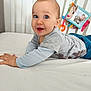 Milo participe au concours pour gagner de l'argent avec cette photo : baby, crawling, bed, crib, toys, happy, child, infant, smiling, clothing, blue, gray, indoor, person, face, cute, furniture, playful, young, home
