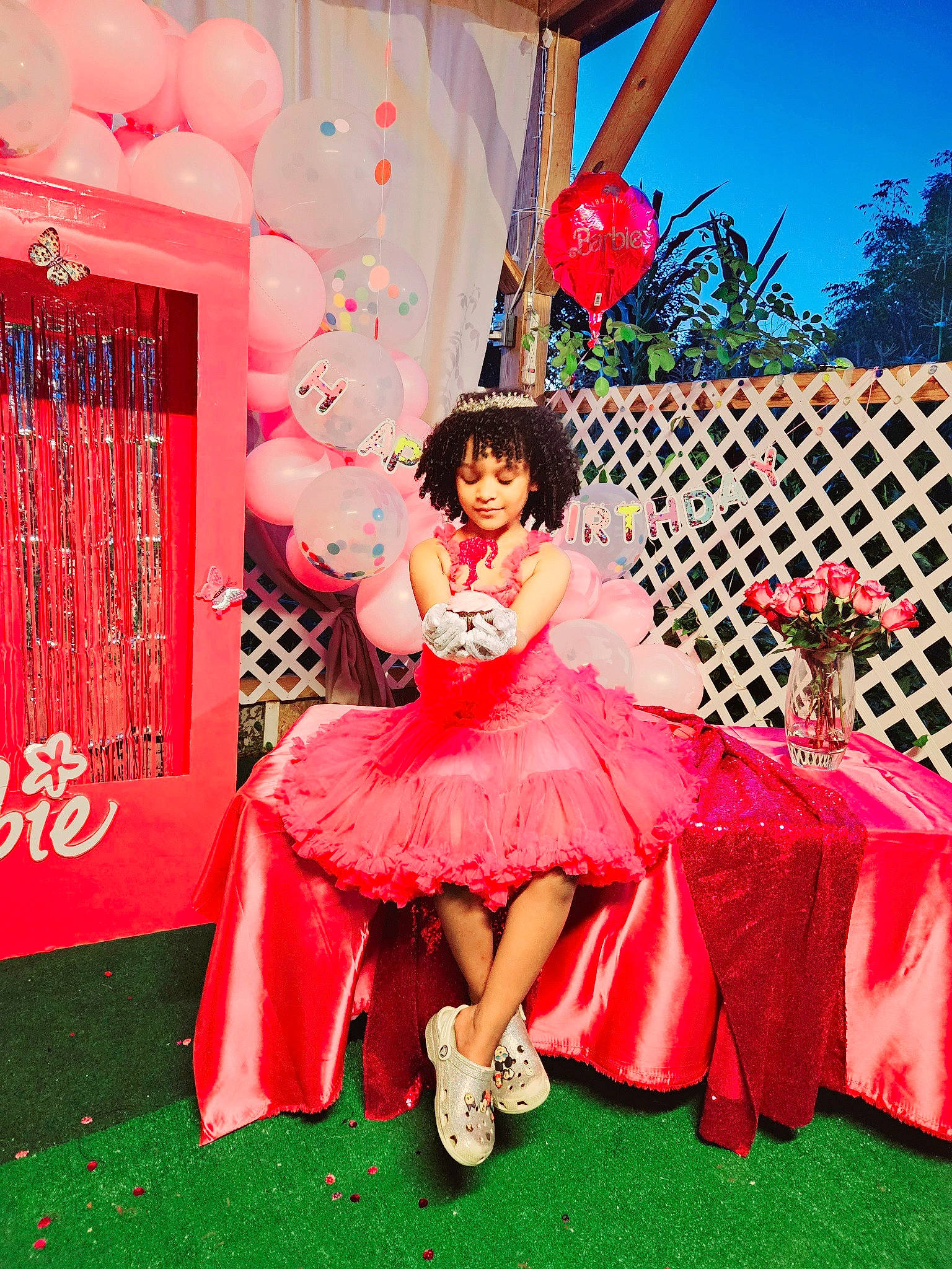 Zakira joined the competition — help win amazing prizes! costume, dress, event, fashion_design, flash_photography, formal_wear, fun, gown, grass, happy, high_heels, leisure, magenta, peach, person, petal, pink, plant, sandal, sitting