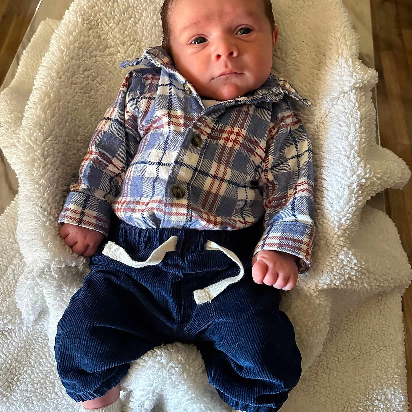William joined the competition — help win amazing prizes! baby, blanket, child, cozy, cute, expression, face, indoor, infant, navy_pants, newborn, person, plaid_shirt, portrait, resting, small_feet, small_hands, soft_texture, white_socks, wooden_floor
