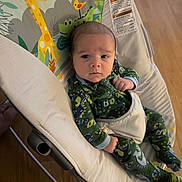 William is registered to the contest to win money with this photo: baby, infant, onesie, green_clothing, dinosaur_pattern, baby_rocker, animal_illustrations, giraffe, sloth, bird, crocodile, wooden_floor, indoor, child, face, person, seated, strapped_in, cute, expression