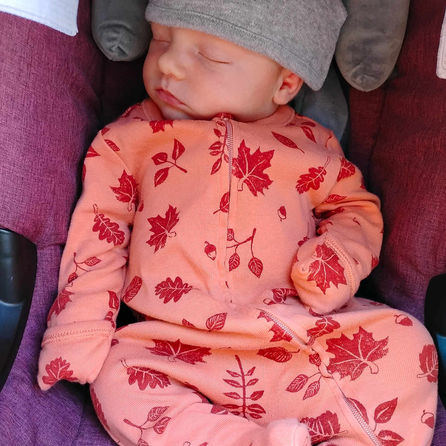 Jonah joined the competition — help win amazing prizes! baby, child, clothing, comfort, cozy, cute, face, hat, indoors, infant, leaf_pattern, newborn, onesie, peaceful, portrait, purple_cushion, resting, seat, sleeping, soft