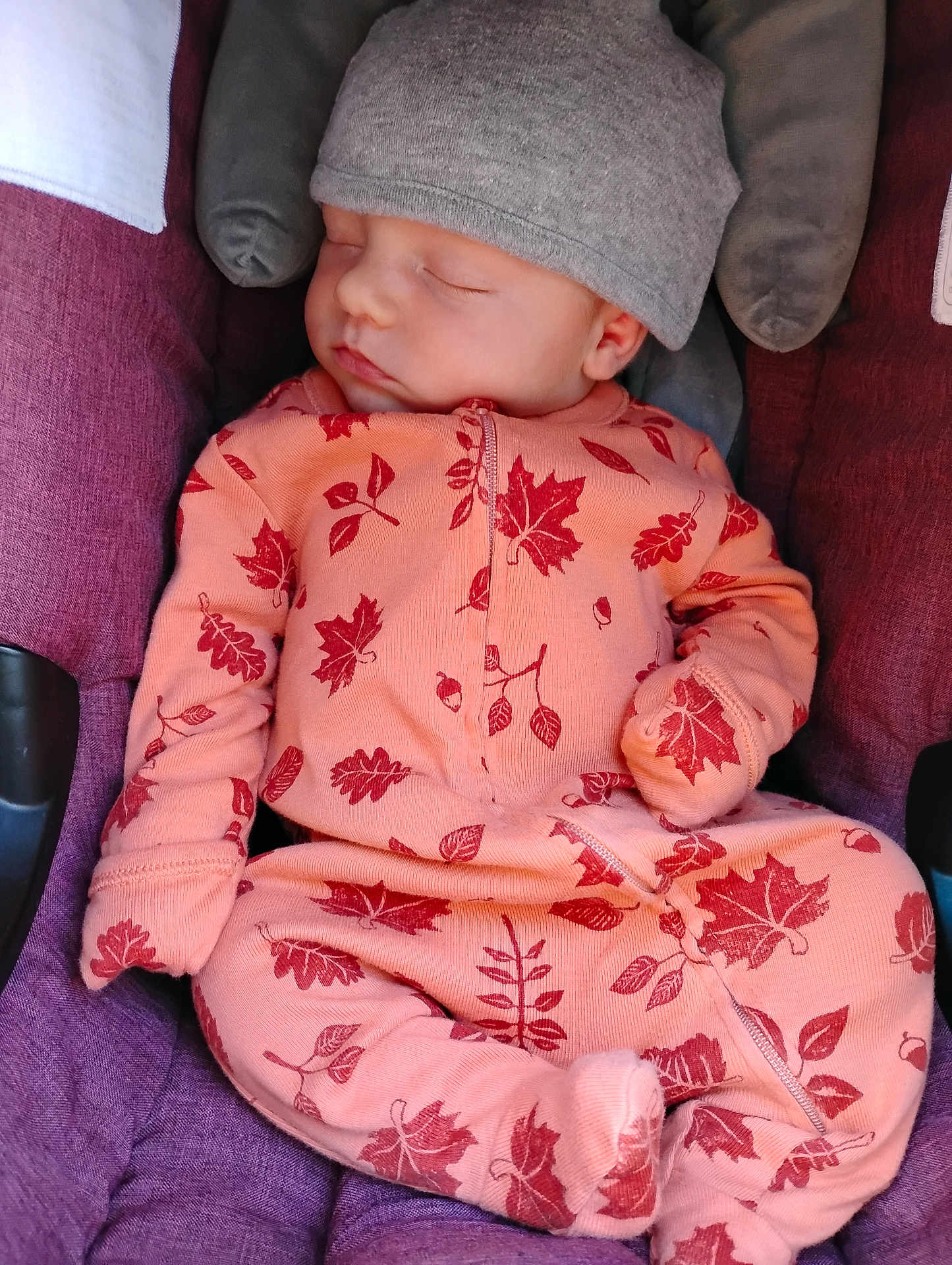 Jonah joined the competition — help win amazing prizes! baby, sleeping, infant, onesie, hat, purple_cushion, leaf_pattern, cozy, cute, child, face, clothing, seat, comfort, peaceful, resting, newborn, soft, portrait, indoors