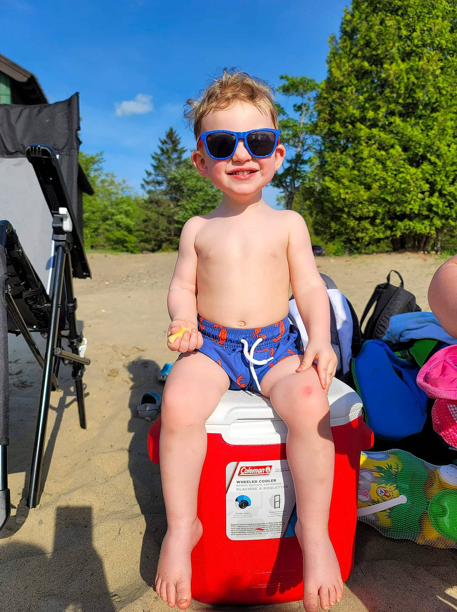 Ronin is registered to the contest to win money with this photo: chest, eyewear, glasses, goggles, joy, leisure, person, personal_protective_equipment, recreation, shorts, sky, summer, sunglasses, swimwear, thigh, toddler, tree, trunk, trunks, undergarment