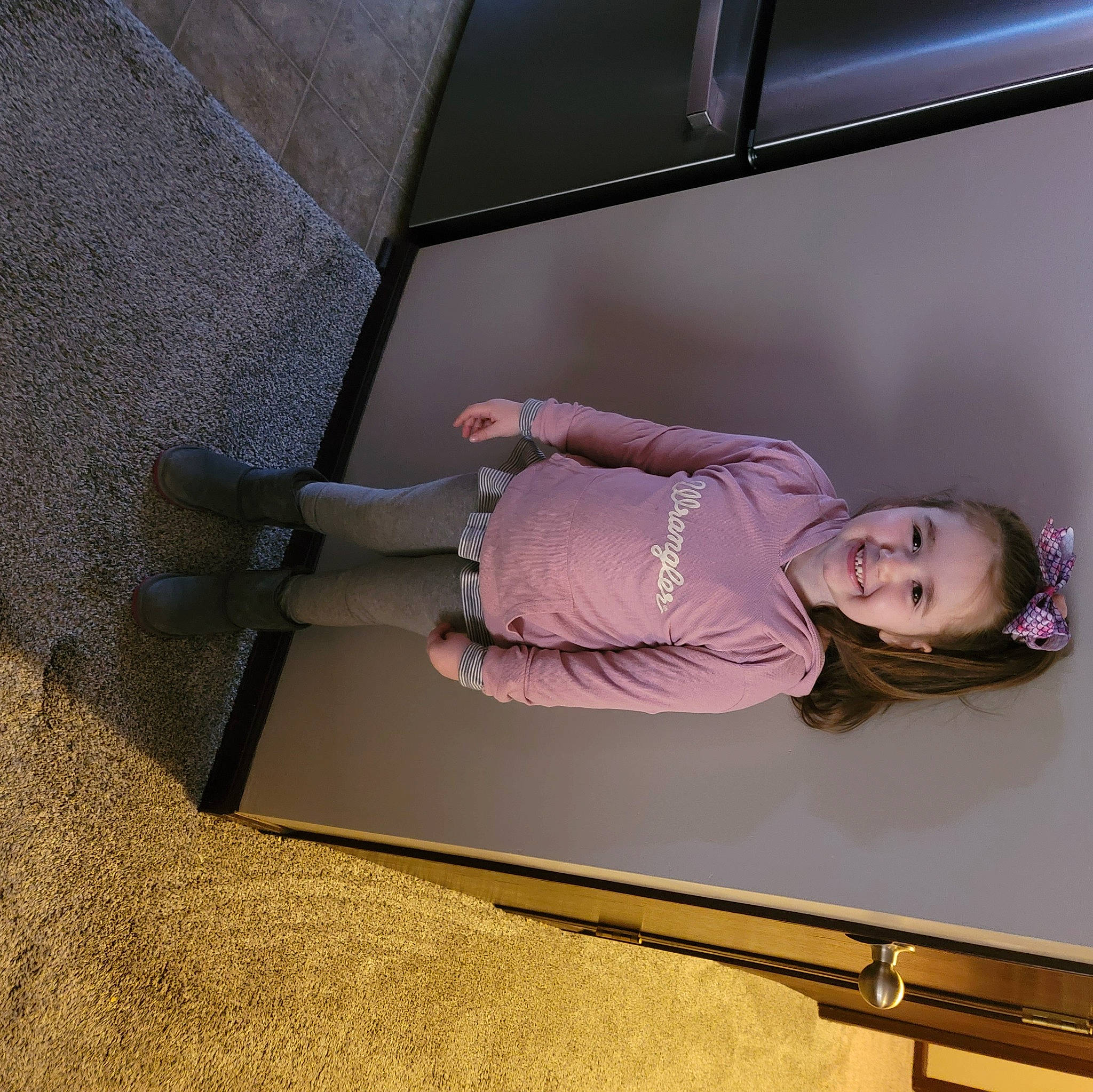 Ella Raelynn joined the competition — help win amazing prizes! comfort, flooring, fun, hardwood, human_leg, joy, magenta, person, rectangle, room, sitting, stairs, wood