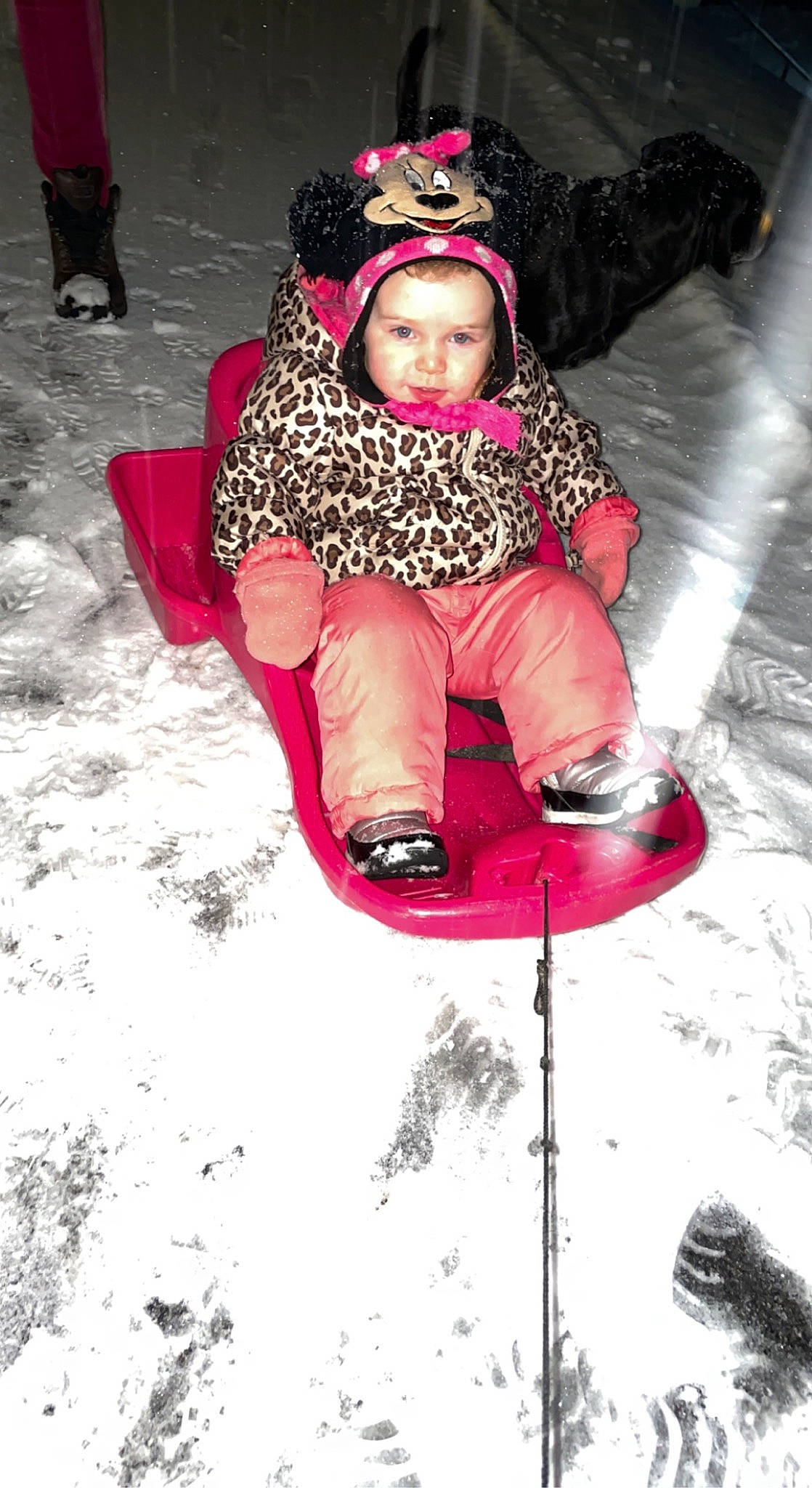 Laylah is registered to the contest to win money with this photo: baby_toddler_clothing, boot, clothing, cool, facial_expression, freezing, fun, headgear, headwear, leg, leisure, magenta, outerwear, person, photograph, pink, recreation, sled, sledding, snow