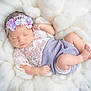 baby, sleeping, infant, lace, headband, flower, purple, blanket, soft, cozy, newborn, cute, peaceful, skin, foot, hand, portrait, indoors, rest, child