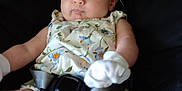 Peyton joined the competition — help win amazing prizes! arms, baby, baby_seat, black_background, blue_bow, child, curious, floral_outfit, headband, indoors, infant, legs, person, portrait, puzzled_expression, seatbelt, skin, strapped_in, white_mittens, wide_eyes