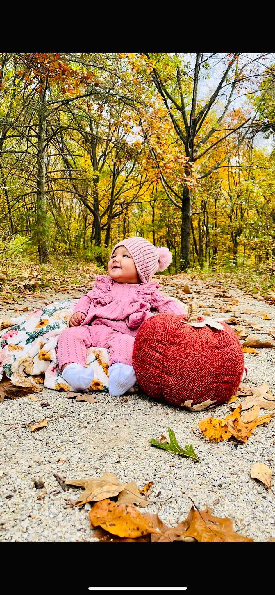 Aarvi is registered to the contest to win money with this photo: branch, child, deciduous, forest, grass, happy, headwear, landscape, leaf, leisure, natural_landscape, outerwear, people_in_nature, person, plant, sitting, toddler, tree, winter, wood