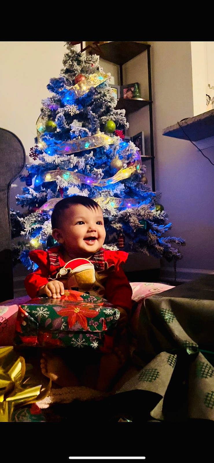 Aarvi is registered to the contest to win money with this photo: christmas, christmas_decoration, christmas_eve, christmas_ornament, christmas_tree, conifer, event, evergreen, fun, happy, holiday, holiday_ornament, joy, lap, ornament, person, sitting, smile, toddler, tradition