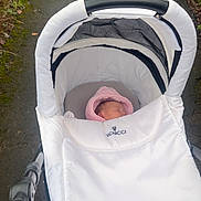 Maven-Louise is registered to the contest to win money with this photo: newborn, baby, stroller, pram, sleeping, pink_hood, white_cover, outdoor, pathway, greenery, moss, handlebar, peaceful, infant, bundle, walking, nature, quiet, daytime, transport