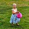 Lakelynn is registered to the contest to win money with this photo: child, girl, grass, dress, blue, floral, plush_basket, pink, outdoor, house, smile, toy, greenery, summer, cute, person, standing, yard, happy, nature