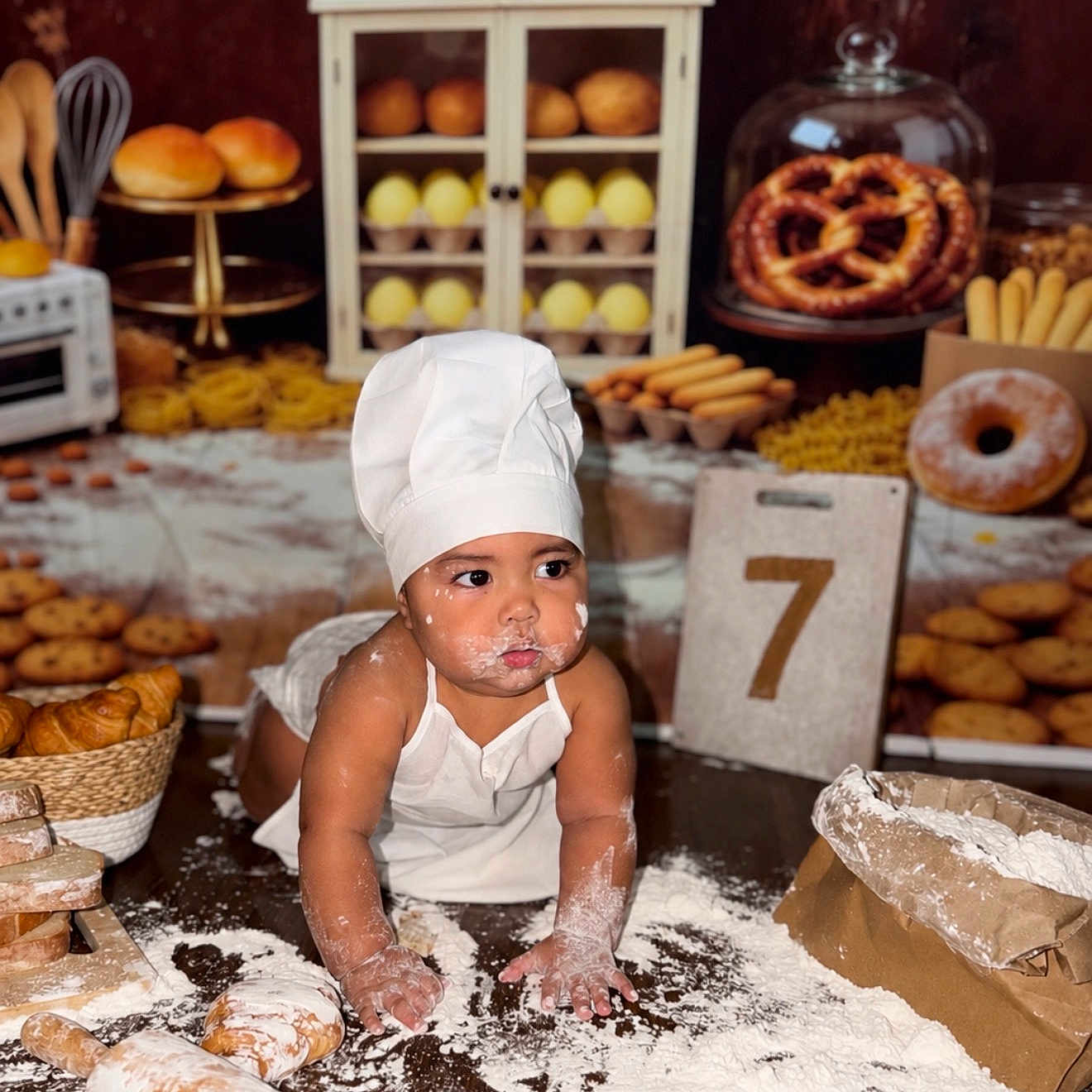 Gabriel is registered to the contest to win money with this photo: baby, child, infant, chef_hat, bakery, baking, bread, pastry, pretzel, cookies, flour, messy, kitchen, food, sitting, portrait, costume, white_clothing, rolling_pin, birthday_photo