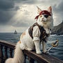cat, pirate_costume, fluffy_tail, eye_patch, bandana, sword, wooden_railing, ocean, cloudy_sky, coastline, adventure, costume, pet, animal, feline, outdoor, dramatic_lighting, pirate, portrait, seascape