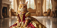 Uhtred Et Yuuna participe au concours pour gagner de l'argent avec cette photo : cat, orange_tabby, tiara, royal_gown, cushion, palace, marble_floor, luxury, regal, indoor, portrait, feline, costume, ornate, elegant, decor, sofa, curtains, window, jewelry