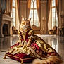 cat, orange_tabby, tiara, royal_gown, cushion, palace, marble_floor, luxury, regal, indoor, portrait, feline, costume, ornate, elegant, decor, sofa, curtains, window, jewelry
