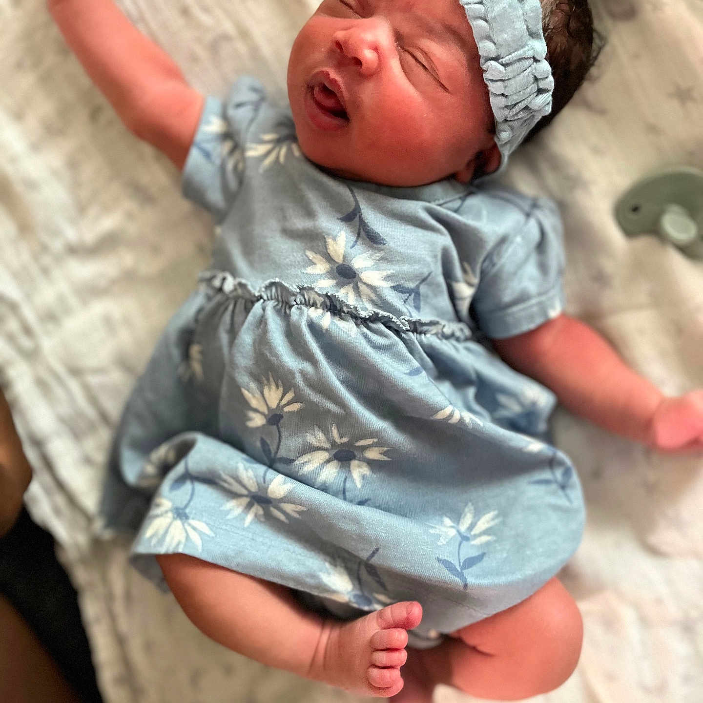 Kaprice is registered to the contest to win money with this photo: baby, bed, clothing, crying, dress, face, furniture, head, newborn, person, photography, portrait, sad, sleeping, t_shirt, yawning
