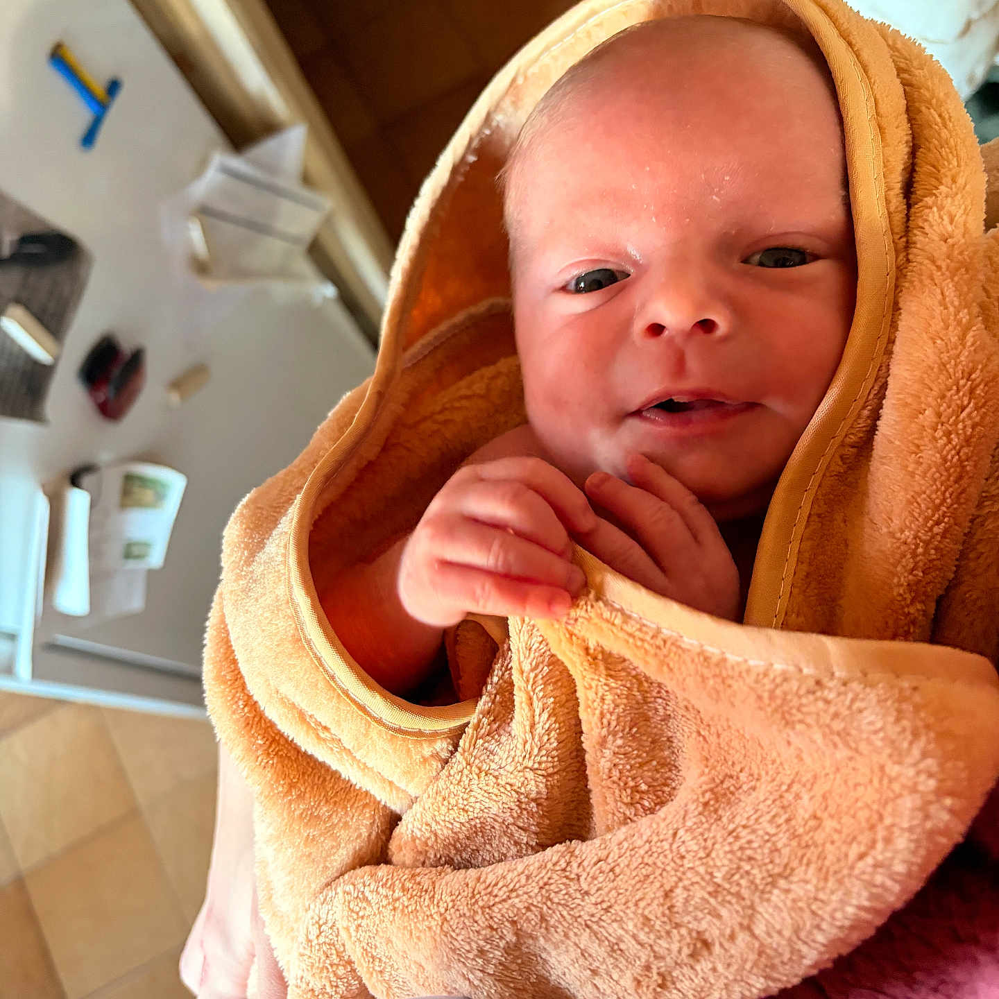 Kaïron participe au concours pour gagner de l'argent avec cette photo : baby, child, closeup, cozy, cute, face, hand, holding, human, indoor, infant, newborn, newborn_baby, orange, person, portrait, skin, soft_texture, towel, wrapped