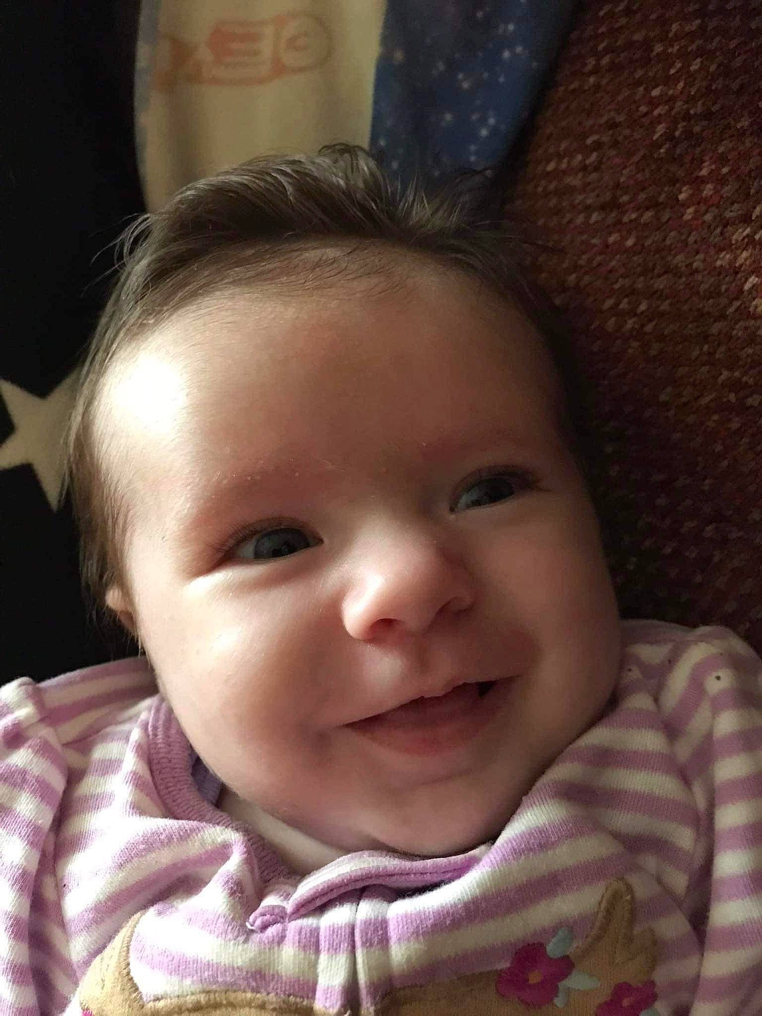 Leanna is registered to the contest to win money with this photo: baby, baby_toddler_clothing, cheek, chin, ear, eyebrow, eyelash, face, forehead, hair, happy, head, iris, joy, lip, mouth, nose, person, skin, sleeve