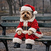Loulou a rejoint le concours — aidez-le/la à gagner de superbes lots ! dog, santa_claus_costume, bench, outdoor, park, autumn, leaves, cute, pet, festive, holiday, winter_clothing, canine, puppy, fur, boots, hat, red, white, seasonal