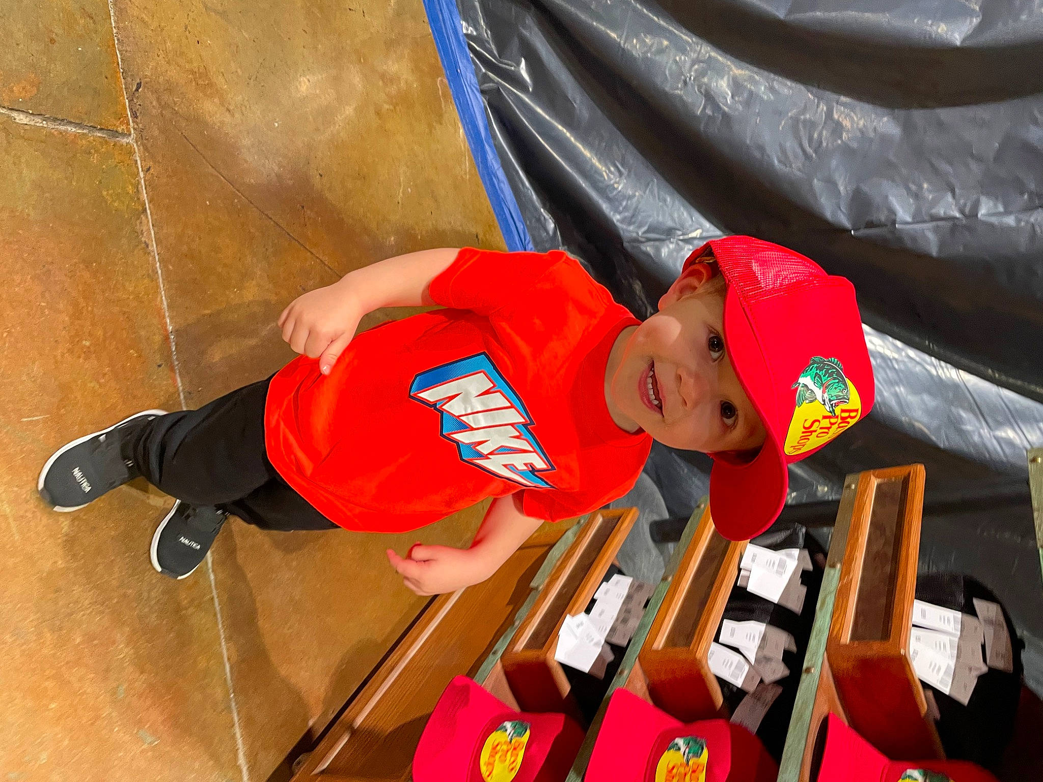 Kainen joined the competition — help win amazing prizes! carmine, child, event, flooring, fun, hat, headwear, leisure, orange, person, play, recreation, shoe, sneakers, t_shirt, toddler, toy, walking_shoe, world