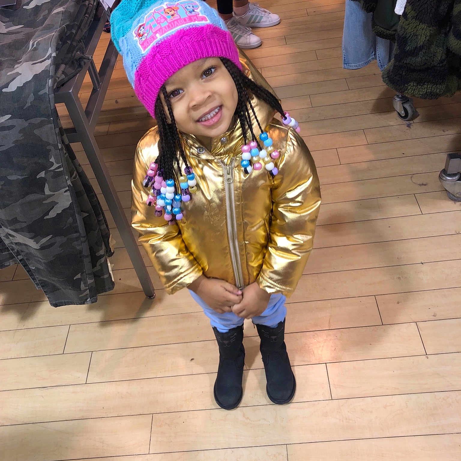 Ali is registered to the contest to win money with this photo: child, costume, fun, girl, headgear, headwear, jeans, joy, outerwear, person, recreation, snapshot, winter