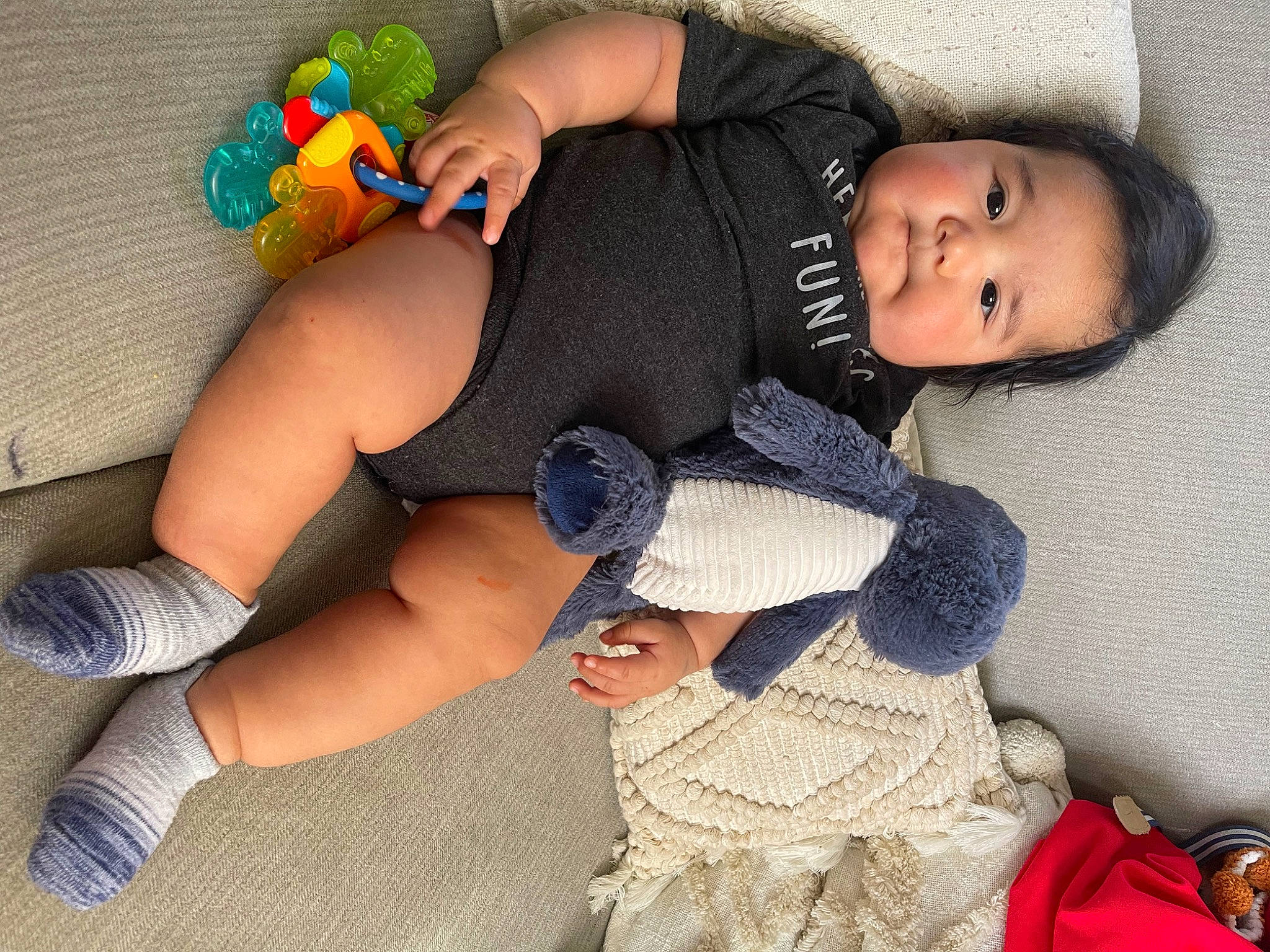 Emiliano is registered to the contest to win money with this photo: abdomen, baby_products, black_hair, chest, child, comfort, elbow, electric_blue, happy, human_body, human_leg, knee, lap, leg, person, sitting, sportswear, stuffed_toy, thigh, toy