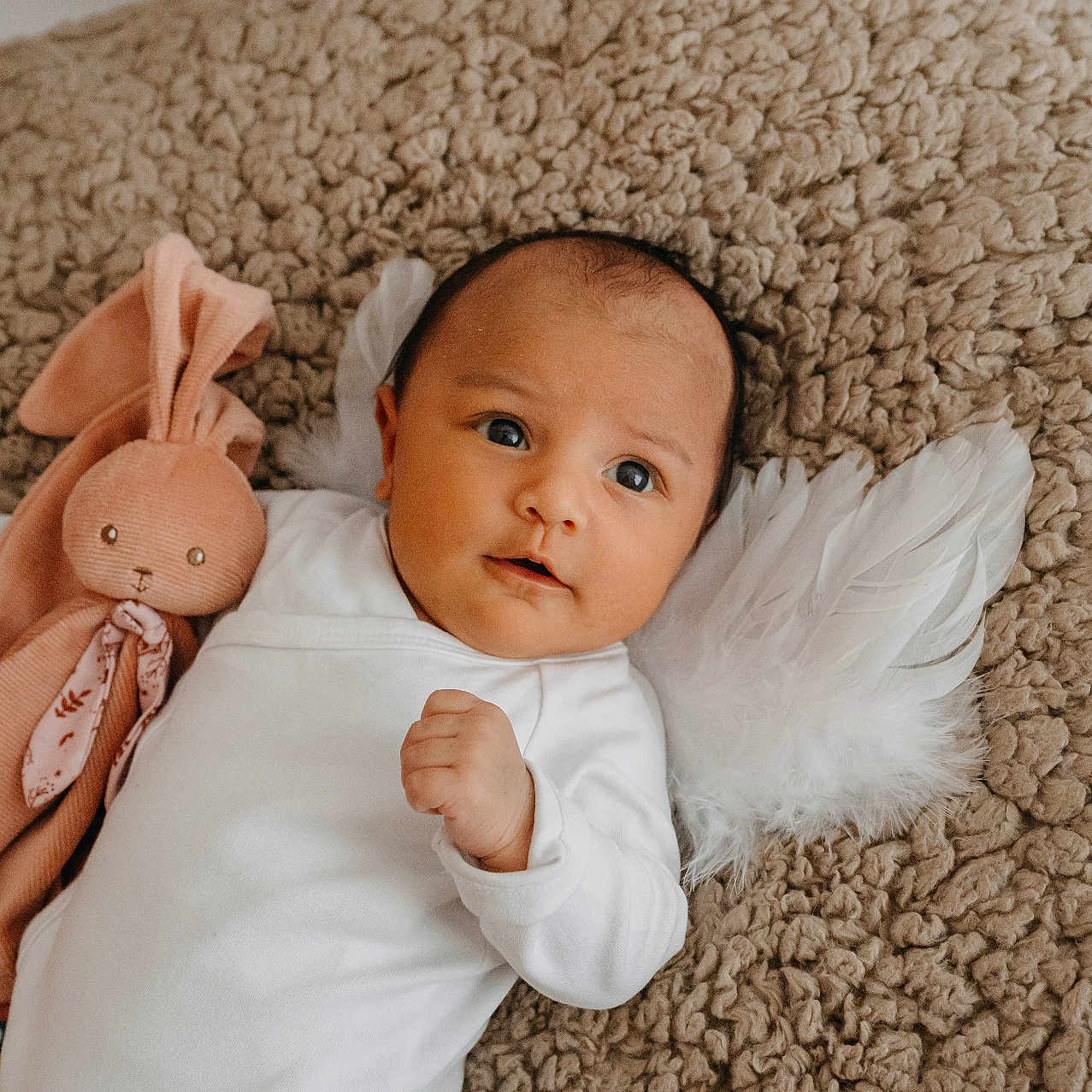 Kalena participe au concours pour gagner de l'argent avec cette photo : angel_wings, baby, blanket, bunny, child, cozy, cute, expression, face, feathers, hand, indoors, infant, lying_down, newborn, plush_toy, portrait, soft_texture, toy, white_clothing