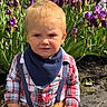 toddler, child, outdoor, flower, purple_flower, plant, nature, greenery, face, portrait, plaid_shirt, suspenders, bib, blue_eyes, blond_hair, sunlight, garden, dirt, clothing, expression