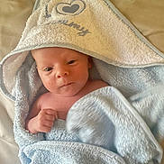 Ezra joined the competition — help win amazing prizes! baby, newborn, towel, blue_towel, hooded_towel, wrapped, infant, skin, face, hand, curious, lying_down, soft_texture, bed, blanket, closeup, cute, child, person, indoors