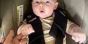 Ezra joined the competition — help win amazing prizes! baby, car_seat, child, infant, safety_harness, hand, person, clothing, seat, expression, wide_eyes, indoor, cute, holding_finger, straps, red_button, beige, fabric, closeup, secure