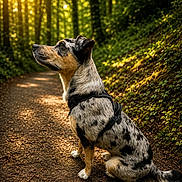 Ayron participe au concours pour gagner de l'argent avec cette photo : dog, animal, forest, path, sunlight, nature, outdoor, pet, canine, leaves, trees, harness, sitting, brown, black, white, fur, daylight, peaceful, scenic
