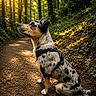 dog, animal, forest, path, sunlight, nature, outdoor, pet, canine, leaves, trees, harness, sitting, brown, black, white, fur, daylight, peaceful, scenic
