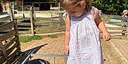 Rita a rejoint le concours — aidez-le/la à gagner de superbes lots ! animal, baby, baby_goat, child, curious, daylight, dress, farm, fence, grass, metal_platform, nature, outdoor, pet, playful, shadow, sneakers, sunny, toddler, trees