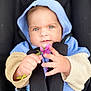 baby, blue_eyes, car_seat, child, closeup, curious, cute, expression, face, flower, hand, holding, hooded_sweater, indoor, infant, knitted_clothing, portrait, skin, straps, young_child