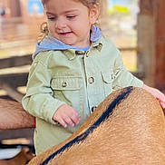 Rita participe au concours pour gagner de l'argent avec cette photo : animal, animal_stripe, casual_clothing, child, curious, daylight, gentle, hair_clips, hand, interaction, jacket, nature, outdoor, person, petting, smiling, soft_focus, support, toddler, young_child