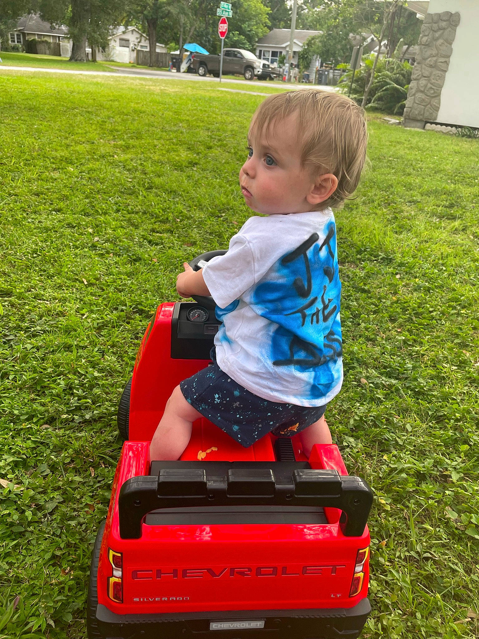 Jeremy joined the competition — help win amazing prizes! automotive_exterior, baby, baby_toddler_clothing, bumper, electric_blue, grass, grassland, green, lawn, leisure, motor_vehicle, people_in_nature, person, photograph, plant, recreation, sitting, t_shirt, toddler, tree
