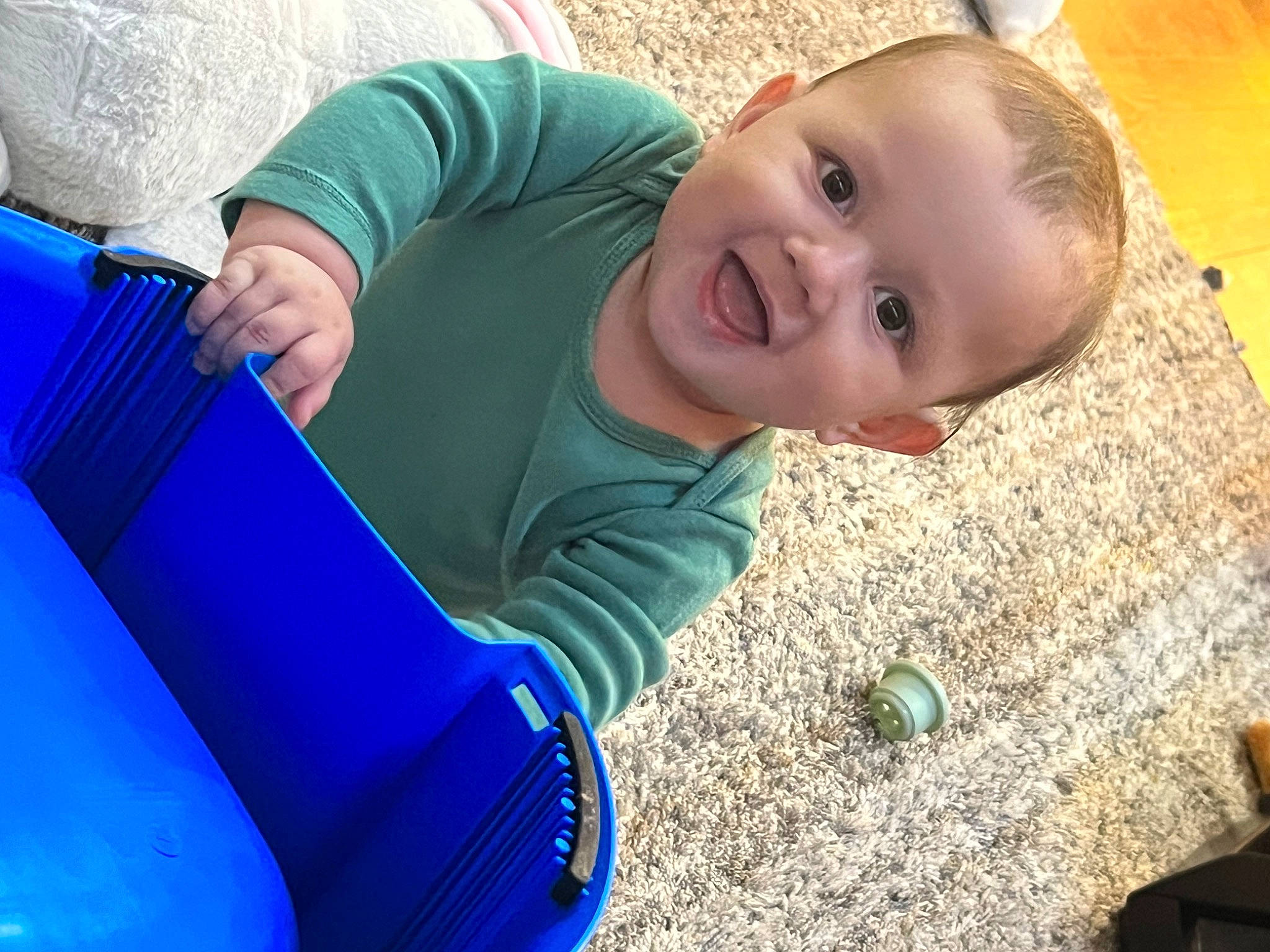 Lucas is registered to the contest to win money with this photo: baby, blue, child, city, electric_blue, flooring, fun, grass, happy, joy, leisure, outdoor_play_equipment, person, play, recreation, sitting, smile, soil, toddler, tree