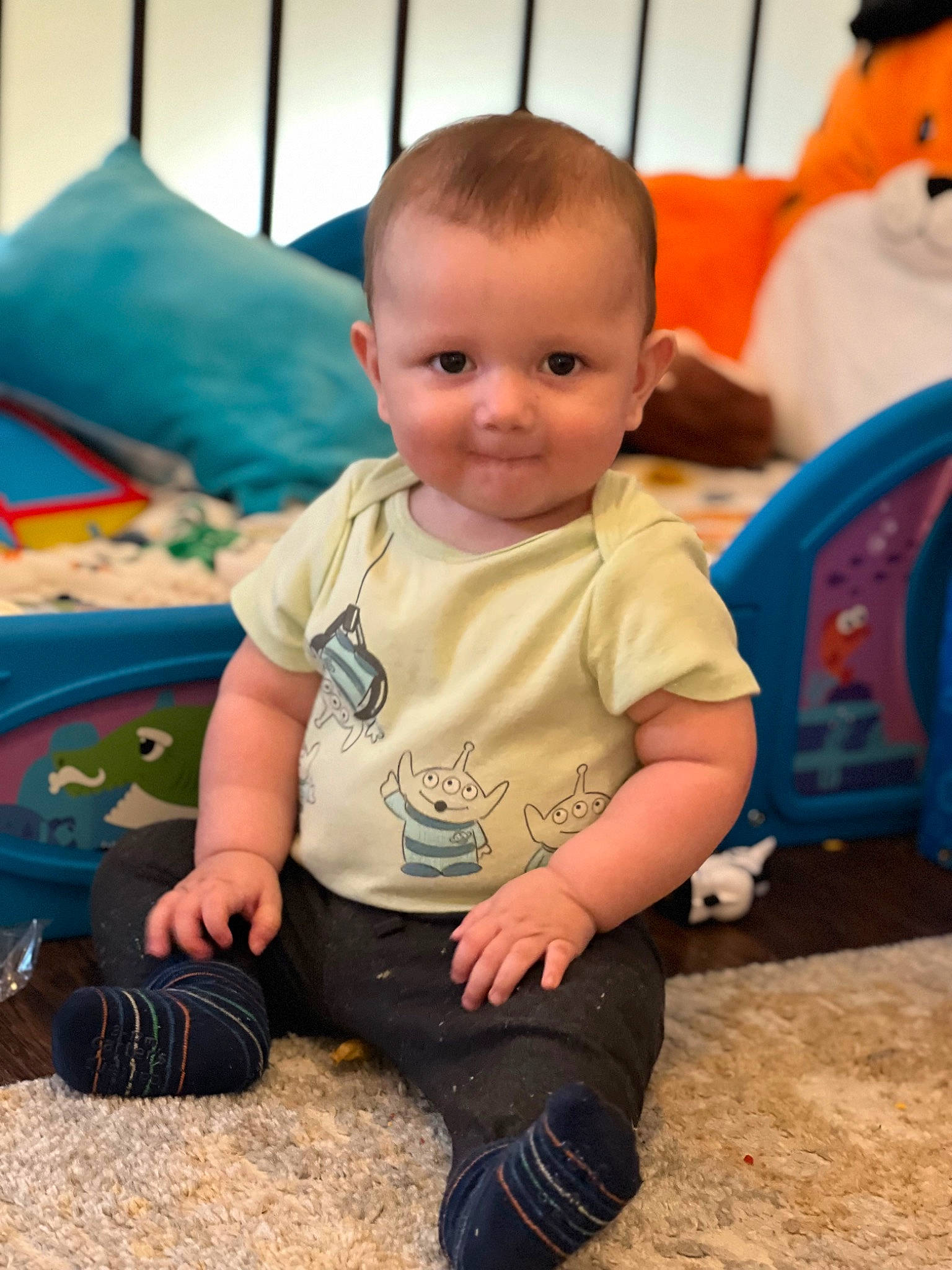 Lucas joined the competition — help win amazing prizes! baby, baby_playing_with_toys, baby_toddler_clothing, cheek, child, flooring, foot, fun, hair, hairstyle, happy, head, joy, leisure, person, play, product, sitting, skin, smile