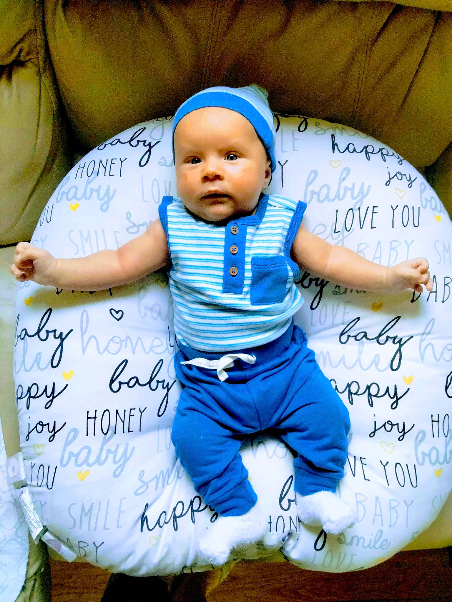 Camdyn joined the competition — help win amazing prizes! azure, baby, baby_carriage, baby_toddler_clothing, child, comfort, couch, facial_expression, font, fun, handwriting, happy, headwear, human, person, pillow, product, purple, t_shirt, textile