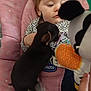 baby, puppy, toy, pink, chair, pattern, curious, indoor, child, animal, cute, black_puppy, infant, soft_toy, close_up, interaction, hand, clothing, face, sitting