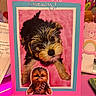 Chewy is registered to the contest to win money with this photo: animal, character, colorful, cute, decorations, desk, dog, fluffy, fur, handwritten_text, name_tag, paper, pet, photo_card, pink_background, portrait, puppy, stationery, sticker, toy